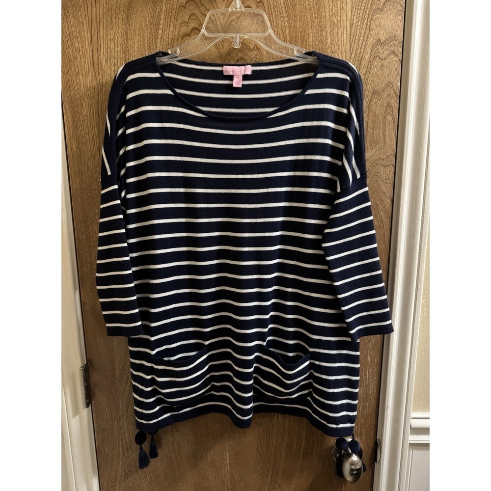 Lilly Pulitzer Tassel Hem NAVY Striped Sweater Women XS Preppy Nautical Coastal